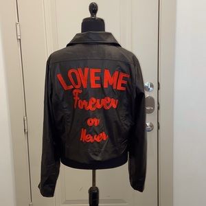 Pretty Little Thing "Love Me Forever or Never" Black & Red Bomber Jacket Sz 12